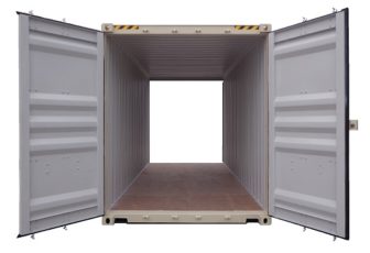 A twenty foot storage container with double doors that are open in the image.