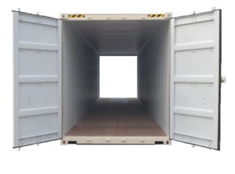 Forty foot storage container with two double doors open at the front.