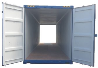 Forty foot blue Valtran storage container with two double doors, open to show the inside of the container.