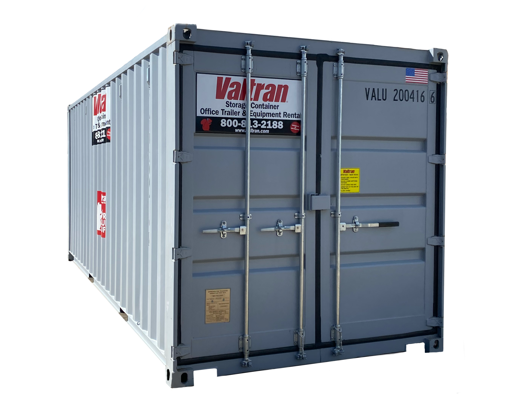 20' storage container with corrugated metal walls and double doors, suitable for secure storage of equipment, furniture, or other large items