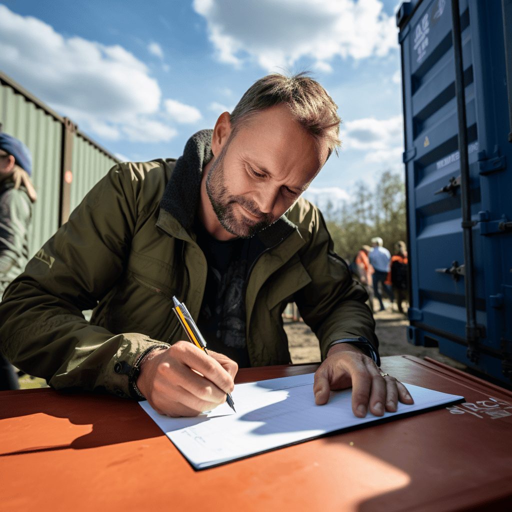 Man Signing Paperwork for Shipping Container