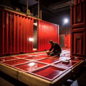 Man constructing floor of shipping container
